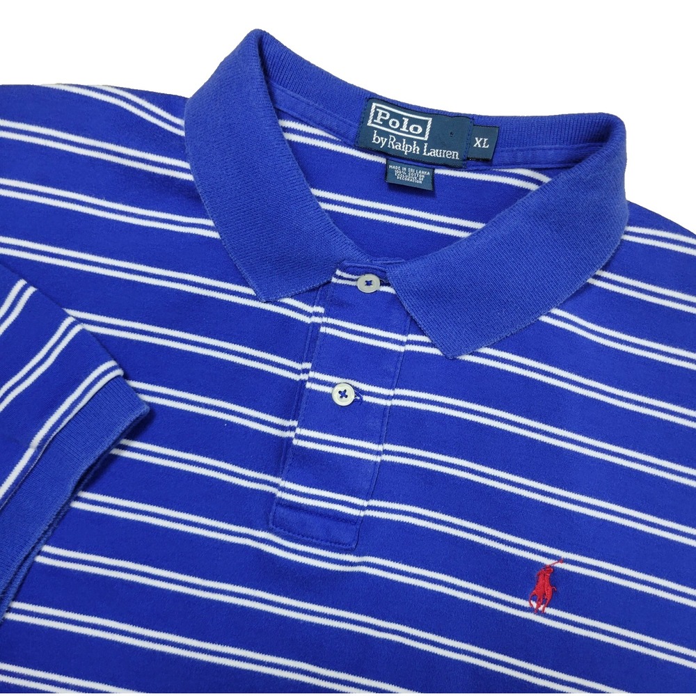 Vintage Polo Ralph Lauren Mens XL Blue White Striped Red Pony Stretch Knit